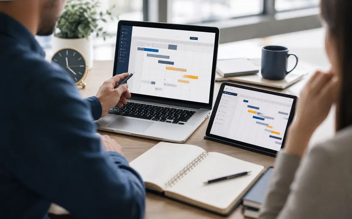 Project manager reviewing website development milestones and delivery timeline Project manager reviewing website development milestones and delivery timeline