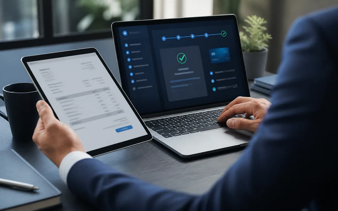 Professional using secure online banking and invoice payment system