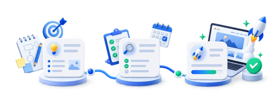 Clear website project process Illustration showing a clear website project process from planning through review to launch
