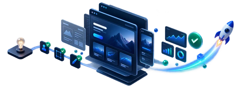 Structured website project workflow Illustration of a structured website project workflow moving from planning to launch