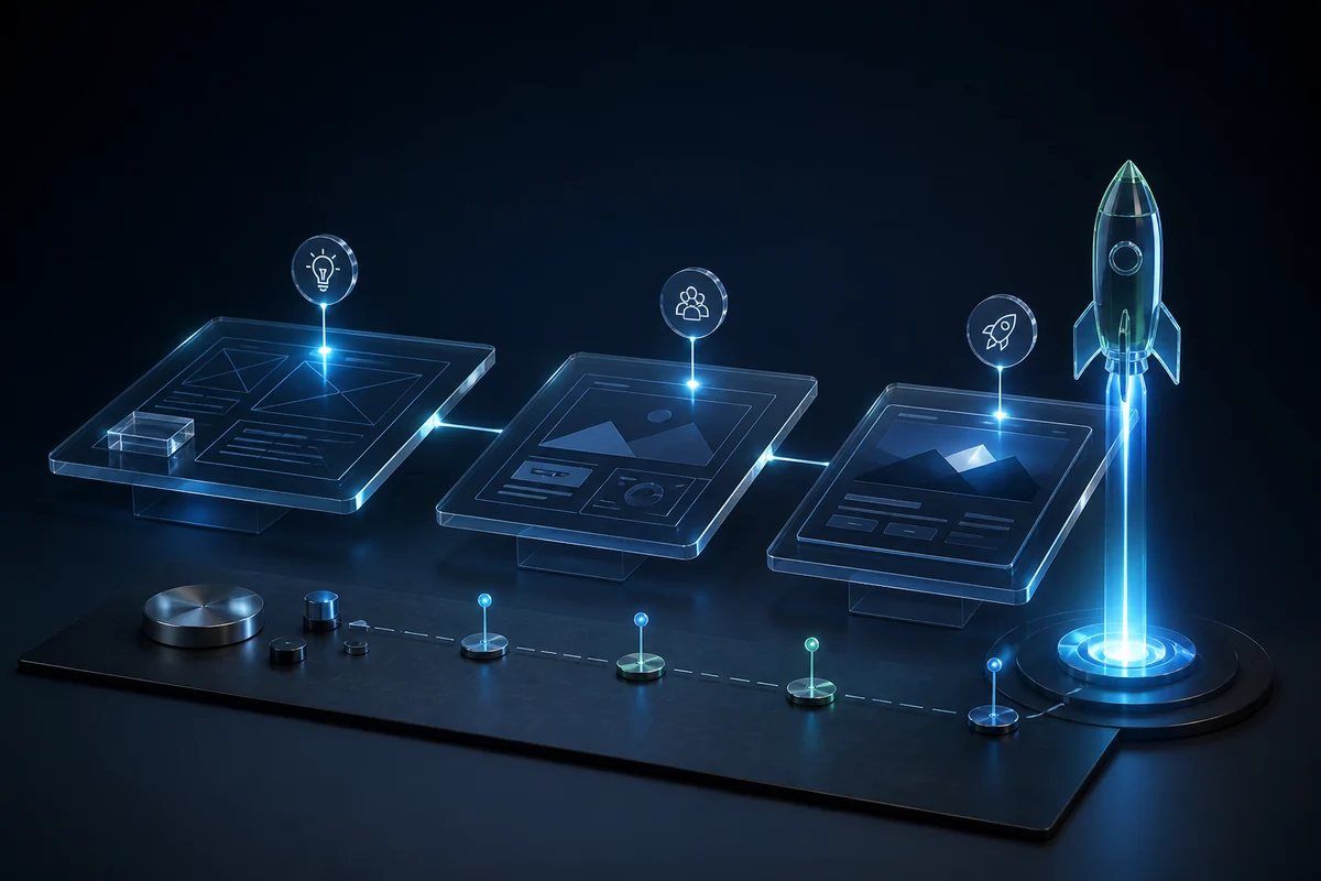 Premium 3D visual of the IQX website process moving from planning through review to launch