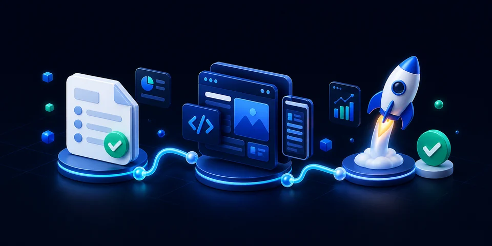 Generated 3D illustration showing website scope, build, and launch support stages connected in one process
