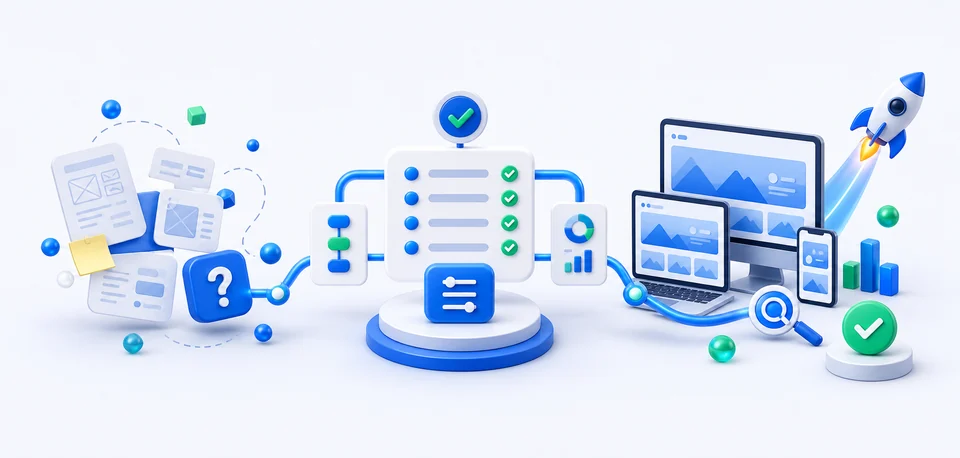 Structured website process comparison visual Generated 3D illustration showing a vague website project becoming a structured IQX website process