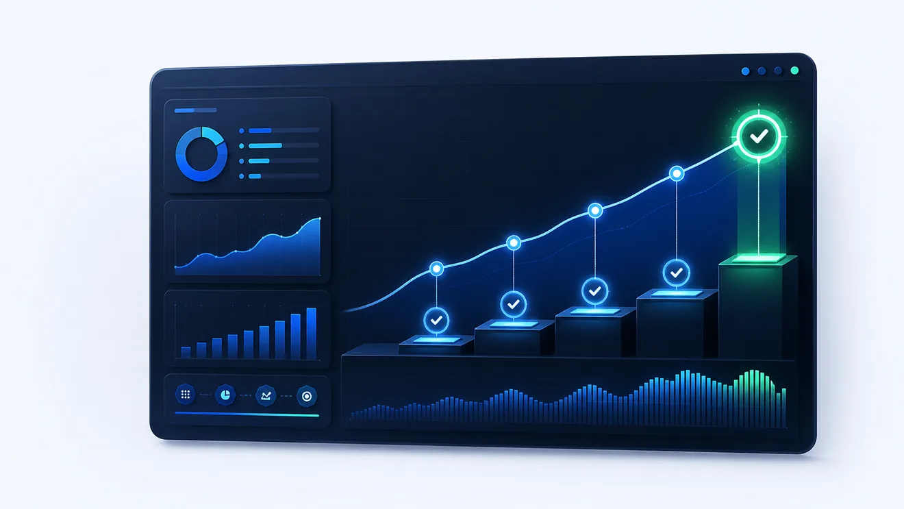 Digital growth progress dashboard with rising milestones, progress charts, and a highlighted completion point
