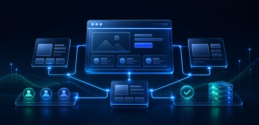 Connected digital delivery workflow for IQX Solutions Generated visual showing connected website structure, delivery workflow, support nodes, and growth-ready digital foundations