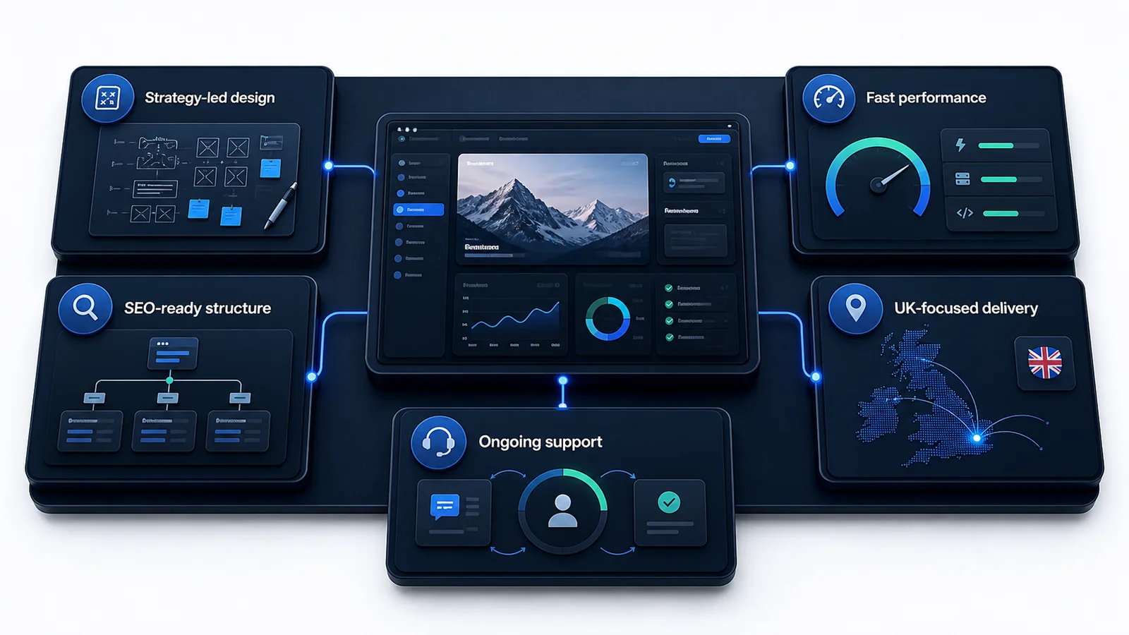 IQX delivery standard visual for web design projects Premium delivery standard visual showing strategy-led design, SEO-ready structure, fast performance, UK-focused delivery, and ongoing support connected around a website dashboard