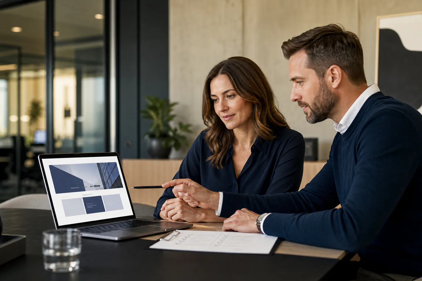 Business owner and digital consultant reviewing a professional website together