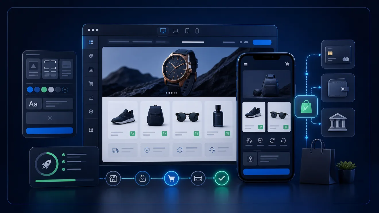 Generated Shopify development ecommerce workspace with storefront previews, product cards, checkout flow, payment integration, and launch readiness signals Generated Shopify development ecommerce workspace with storefront previews, product cards, checkout flow, payment integration, and launch readiness signals