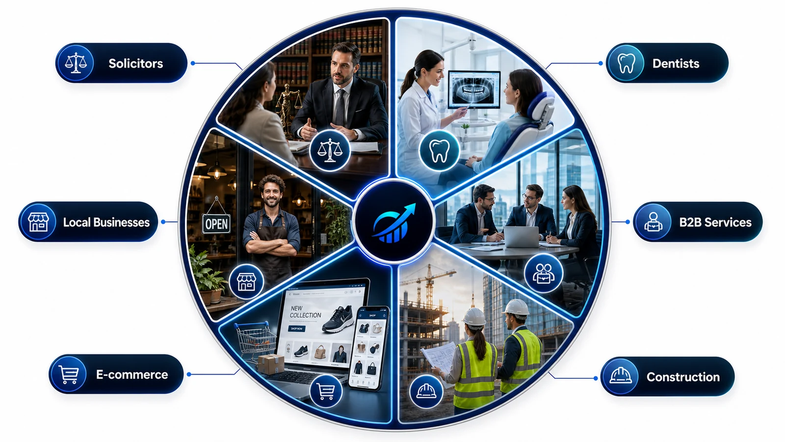 Circular six-sector infographic showing industries IQX helps: solicitors, dentists, B2B services, construction, e-commerce, and local businesses