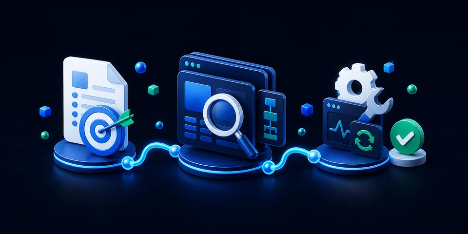Generated 3D illustration showing clear scope, search-ready website structure, and aftercare support connected in one process